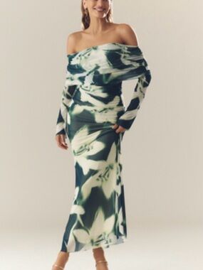 AFRM- Off-Shoulder Green & White Floral Maxi Dress - NWT